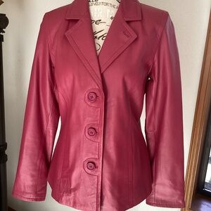 Jones New York Magenta Pink Taylored Button Detail Leather Jacket